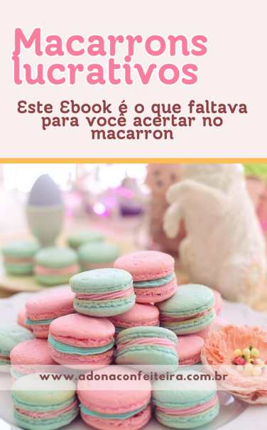 Capa do eBook "Macarrons Lucrativos" com dicas e receitas para aprender a fazer macarons perfeitos e lucrar com a venda desses doces.