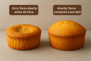 Dois bolos lado a lado, um solado com legenda “Erro: forno aberto antes da hora” e outro perfeito com “Acerto: forno constante e sem abrir