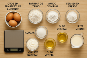 Ingredientes separados para bolo fofo dispostos sobre mesa de madeira clara com rótulos em português, incluindo ovos, farinha, amido, fermento e iogurte.