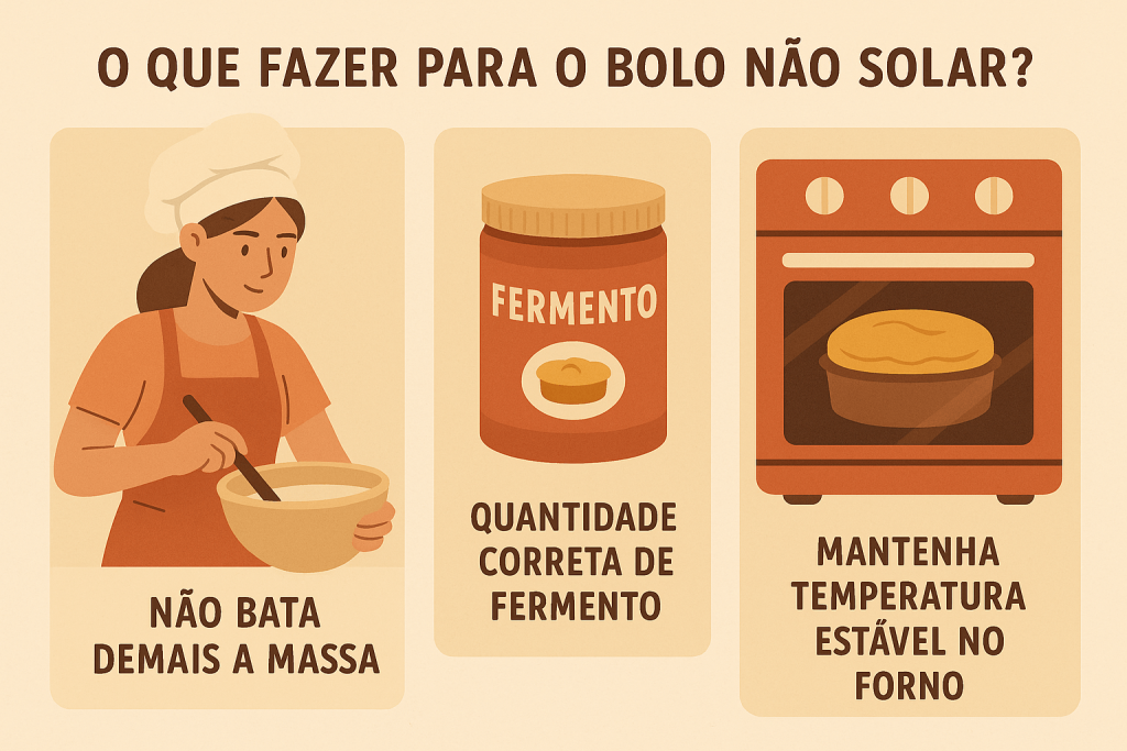 Ilustração em português com dicas para evitar que o bolo murche, incluindo bater a massa corretamente, usar fermento na medida certa e manter temperatura estável.