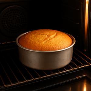 Close-up de bolo dourado crescendo uniformemente dentro de forno aceso, em forma metálica redonda sobre grade central.
