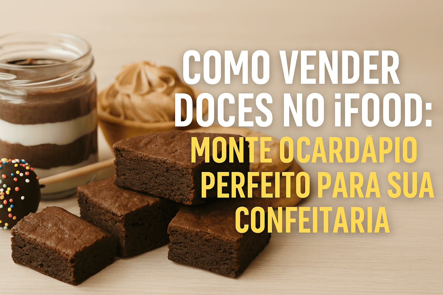 Como vender doces no iFood – cardápio de confeitaria com brownies, bolo de pote e torta no palito para delivery.