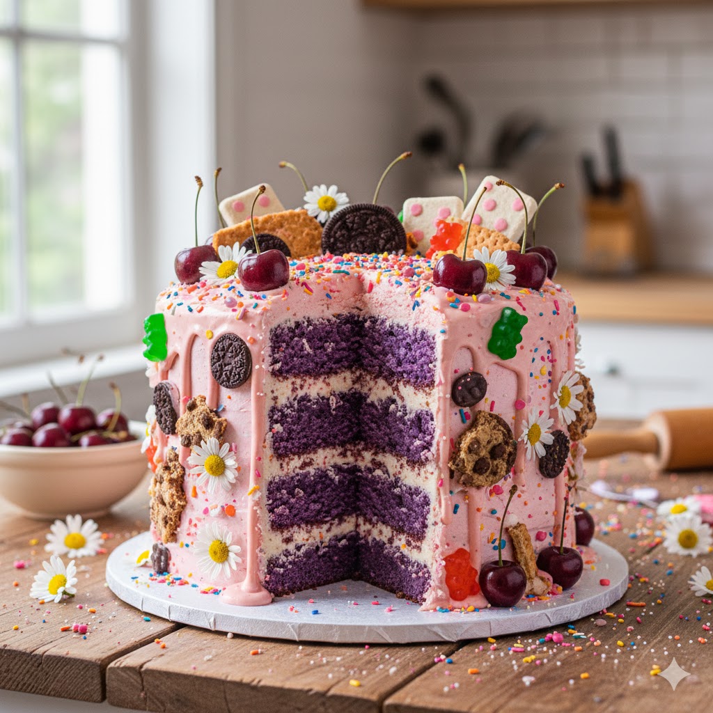 alt="Bolo Chaotic Cake com camadas roxas e recheio branco, cobertura rosa escorrendo, decorado com cerejas, biscoitos, gomas, confeitos coloridos e flores. Imagem de confeitaria moderna e criativa."